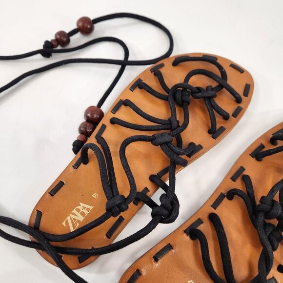 Zara Lace Up Flat Sandals Womens 37 India Black Tie-Up Wooden Bead Accents - Picture 3 of 9